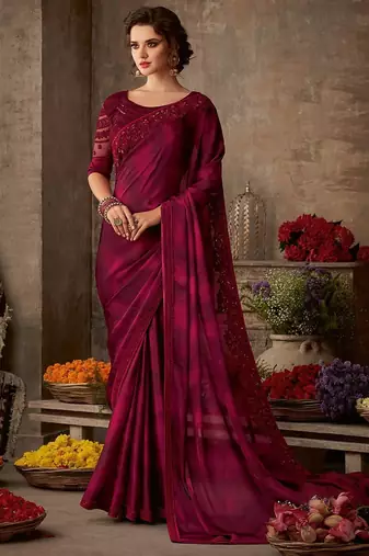 magenta sequinned embroidered pure chiffon celebrity saree