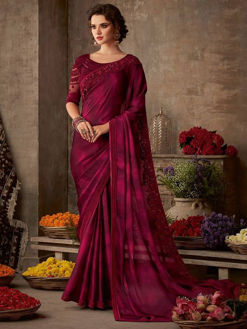 magenta sequinned embroidered pure chiffon celebrity saree