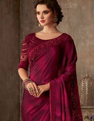 magenta sequinned embroidered pure chiffon celebrity saree 2