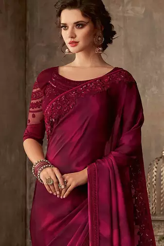 magenta sequinned embroidered pure chiffon celebrity saree