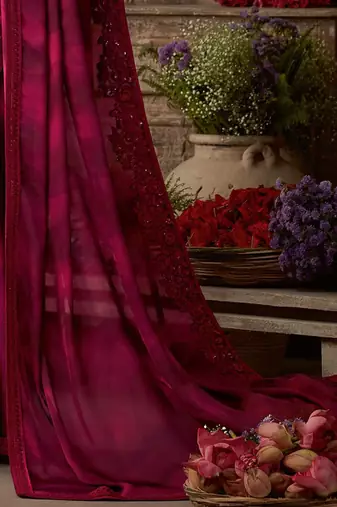 magenta sequinned embroidered pure chiffon celebrity saree