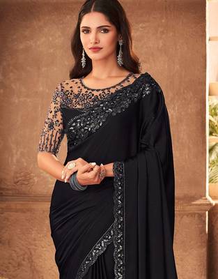 black embellished sequinned pure chiffon saree heavy work with matching blouse 1