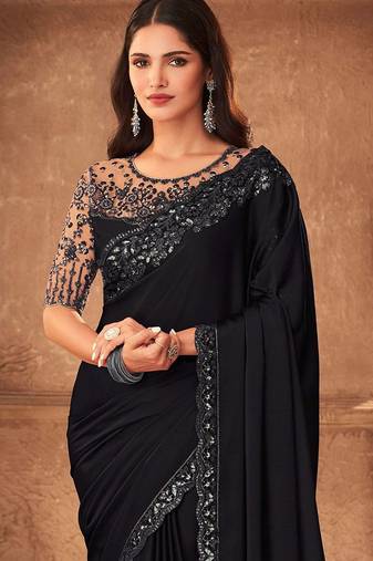 black embellished sequinned pure chiffon saree heavy work with matching blouse