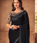 black embellished sequinned pure chiffon saree heavy work with matching blouse
