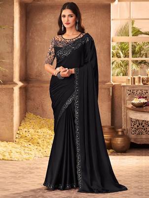 black embellished sequinned pure chiffon saree heavy work with matching blouse 2
