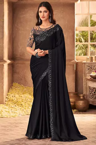black embellished sequinned pure chiffon saree heavy work with matching blouse