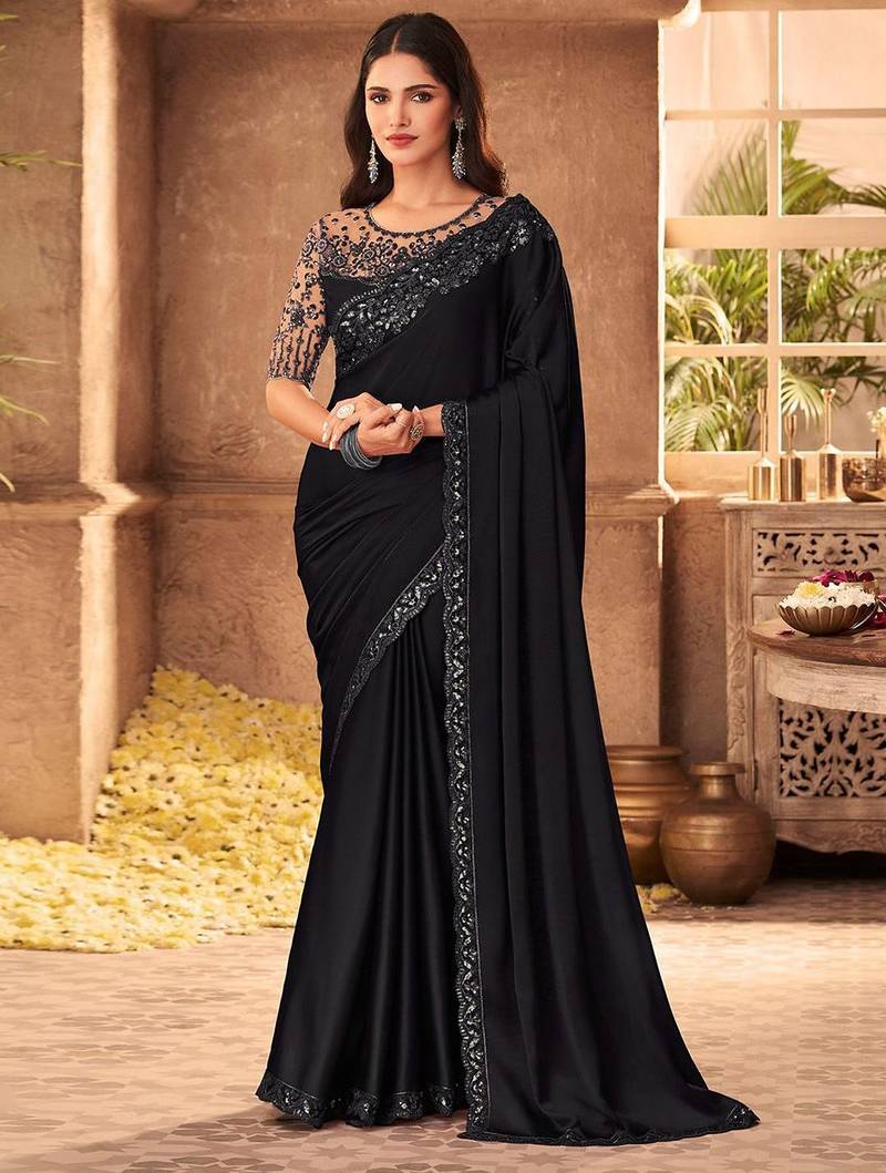 black embellished sequinned pure chiffon saree heavy work with matching blouse