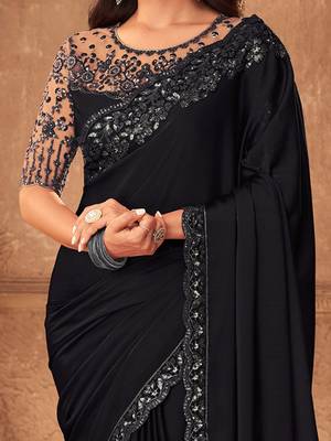 black embellished sequinned pure chiffon saree heavy work with matching blouse 3