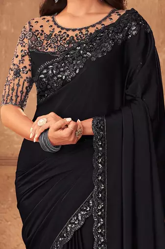 black embellished sequinned pure chiffon saree heavy work with matching blouse