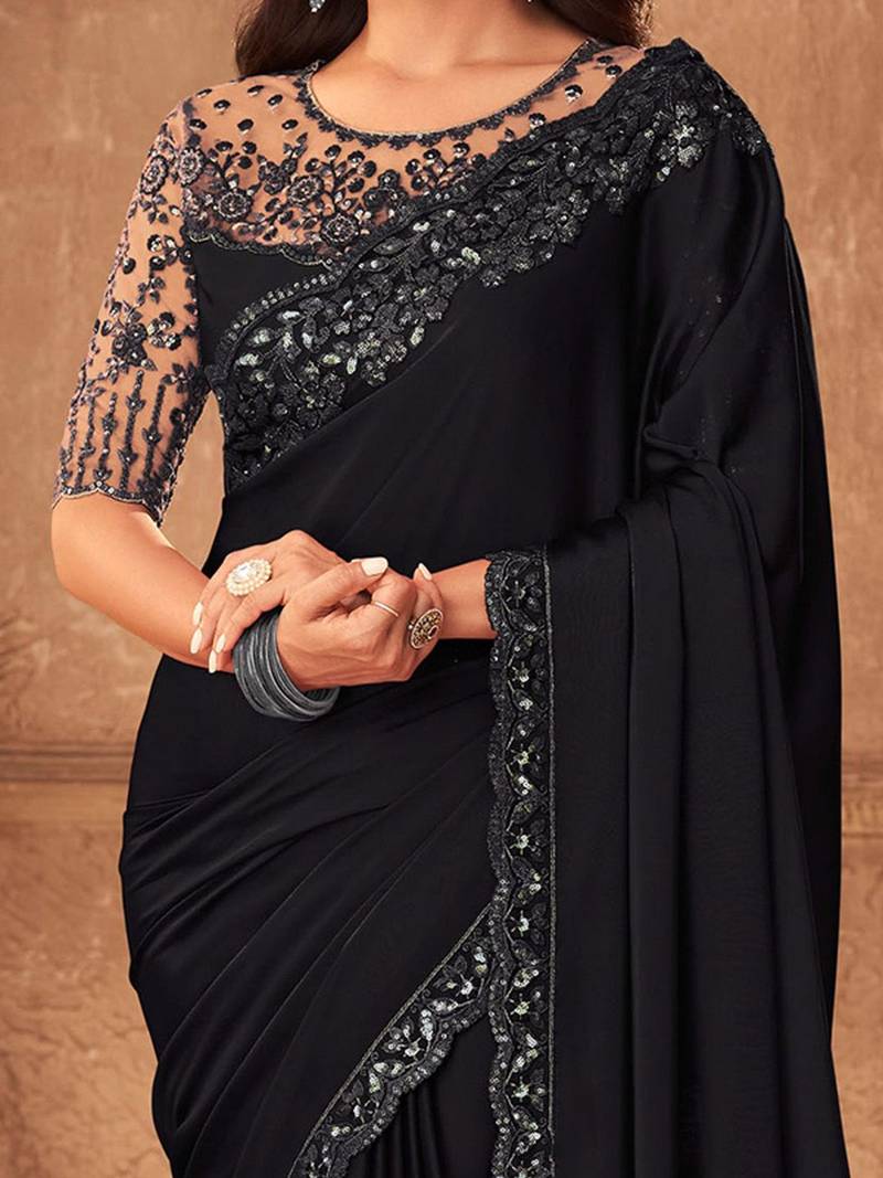 black embellished sequinned pure chiffon saree heavy work with matching blouse