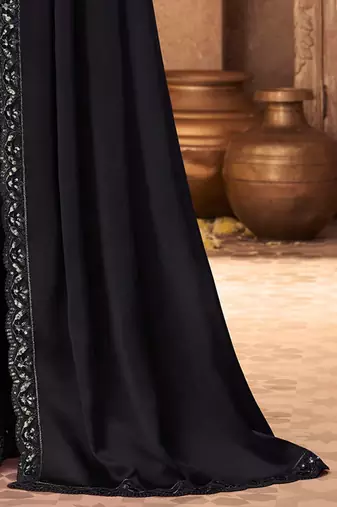 black embellished sequinned pure chiffon saree heavy work with matching blouse