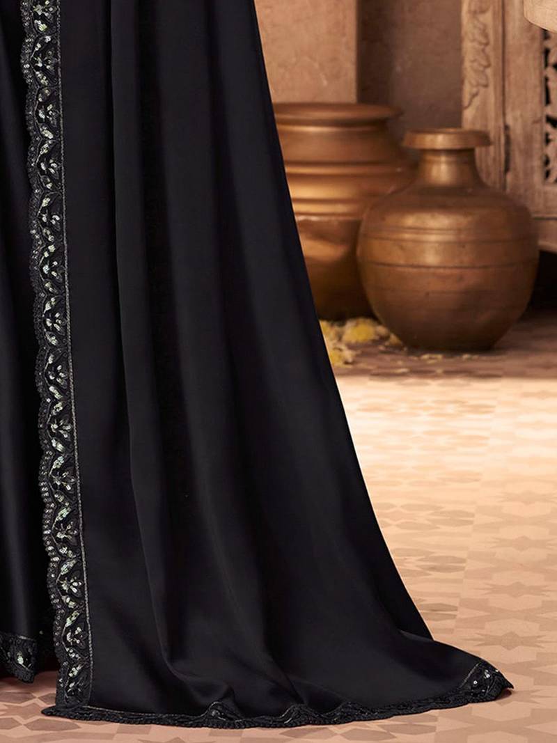 black embellished sequinned pure chiffon saree heavy work with matching blouse