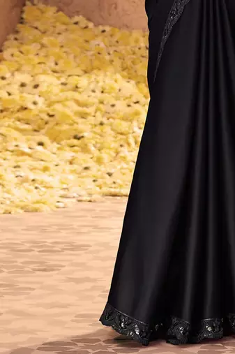 black embellished sequinned pure chiffon saree heavy work with matching blouse