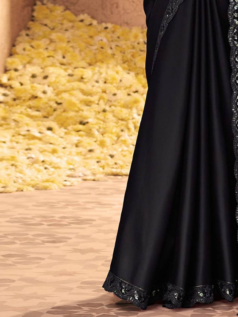 black embellished sequinned pure chiffon saree heavy work with matching blouse