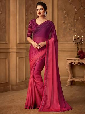 magenta ombre beads and stones pure chiffon celebrity saree 1