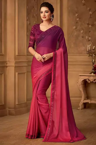 magenta ombre beads and stones pure chiffon celebrity saree