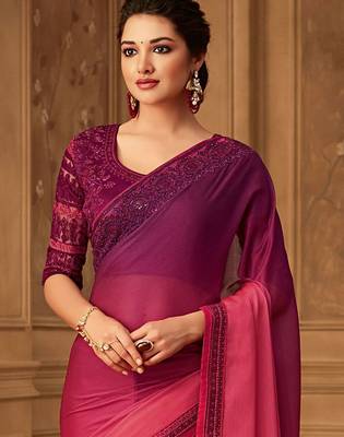 magenta ombre beads and stones pure chiffon celebrity saree 2