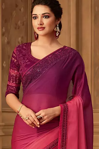 magenta ombre beads and stones pure chiffon celebrity saree