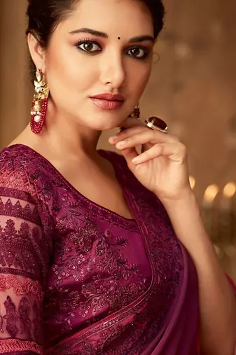 magenta ombre beads and stones pure chiffon celebrity saree