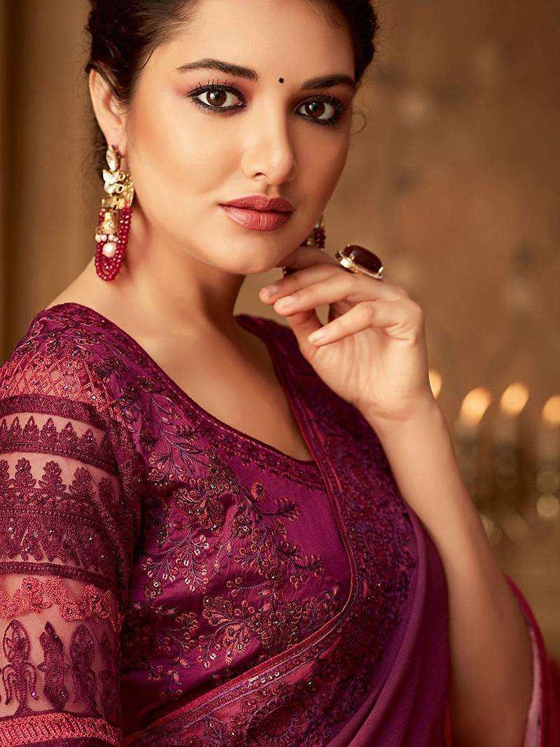 magenta ombre beads and stones pure chiffon celebrity saree