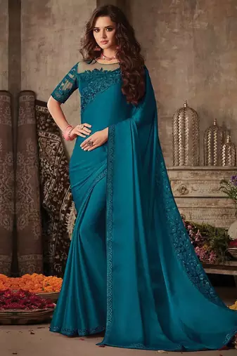teal sequinned saree