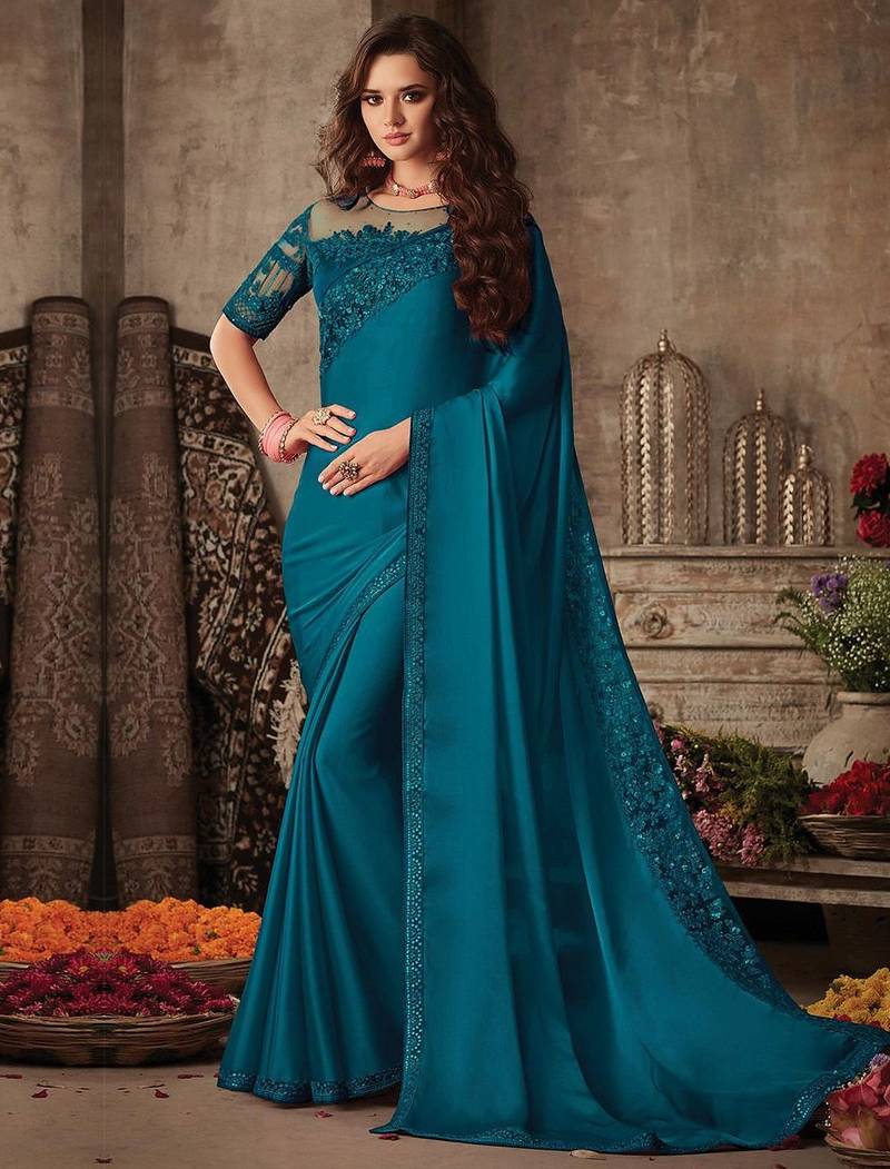teal sequinned saree