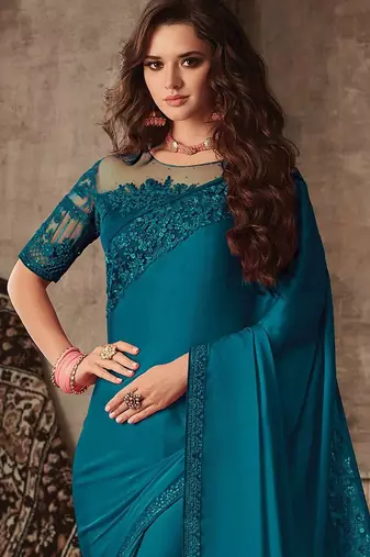 teal sequinned saree
