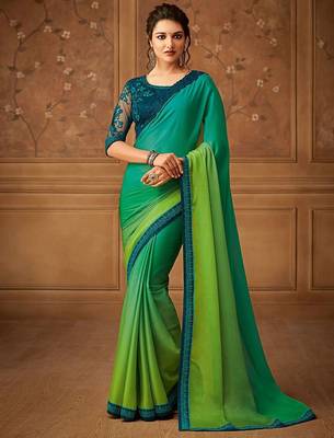 green ombre beads and stones pure chiffon saree 1