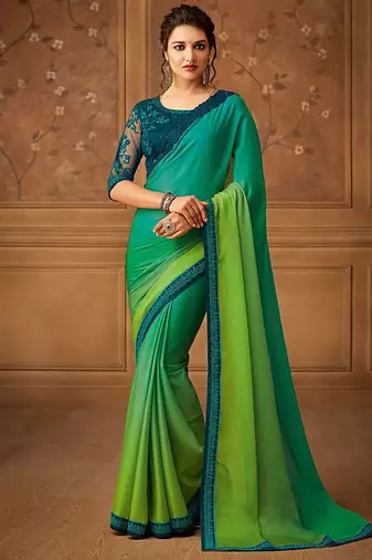 green ombre beads and stones pure chiffon saree