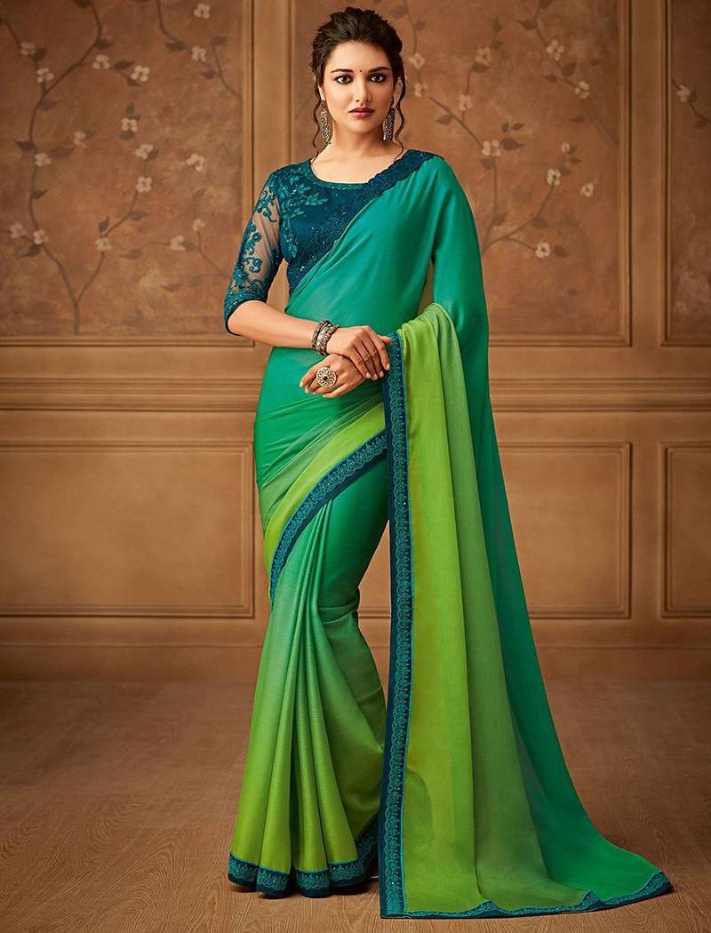 green ombre beads and stones pure chiffon saree