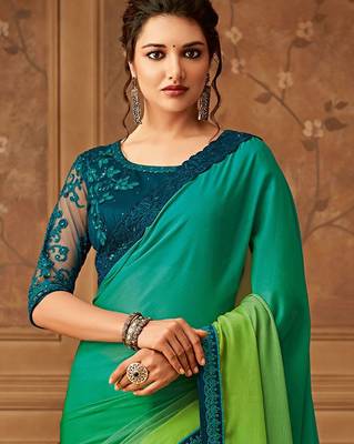 green ombre beads and stones pure chiffon saree 2