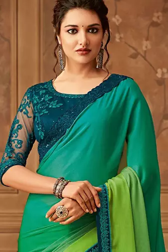 green ombre beads and stones pure chiffon saree