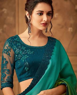 green ombre beads and stones pure chiffon saree 3