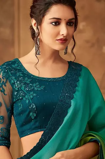 green ombre beads and stones pure chiffon saree