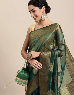 green green & gold-toned ethnic motifs zari organza saree 1