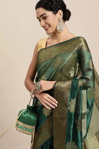 green green & gold-toned ethnic motifs zari organza saree