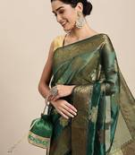 green green & gold-toned ethnic motifs zari organza saree