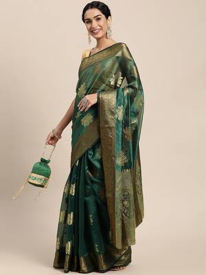 green green & gold-toned ethnic motifs zari organza saree 2
