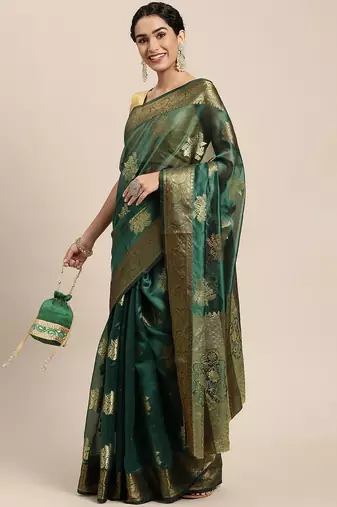 green green & gold-toned ethnic motifs zari organza saree
