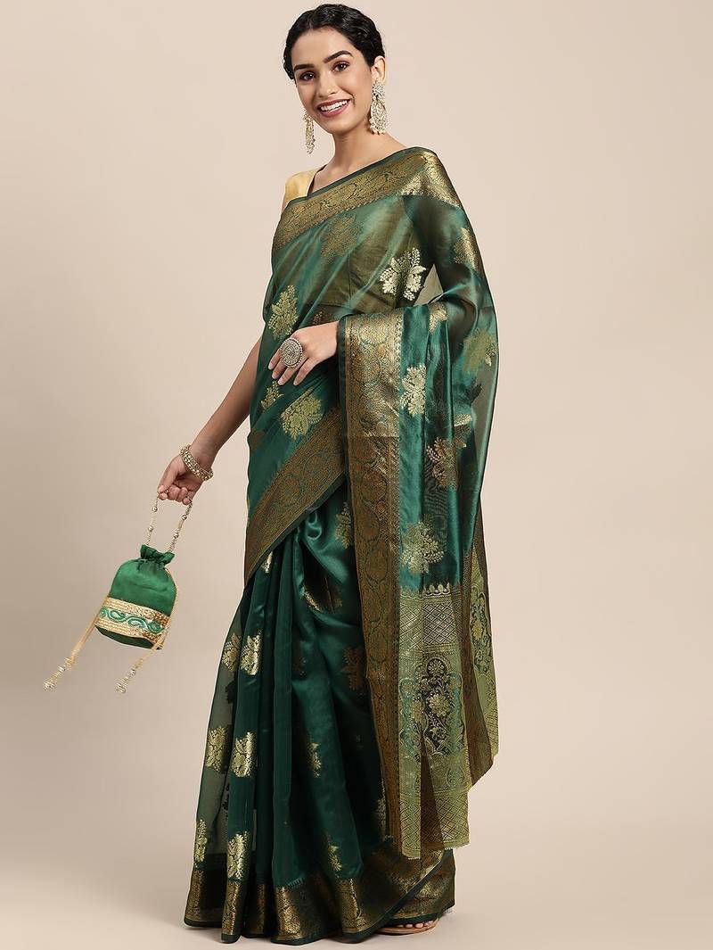 green green & gold-toned ethnic motifs zari organza saree