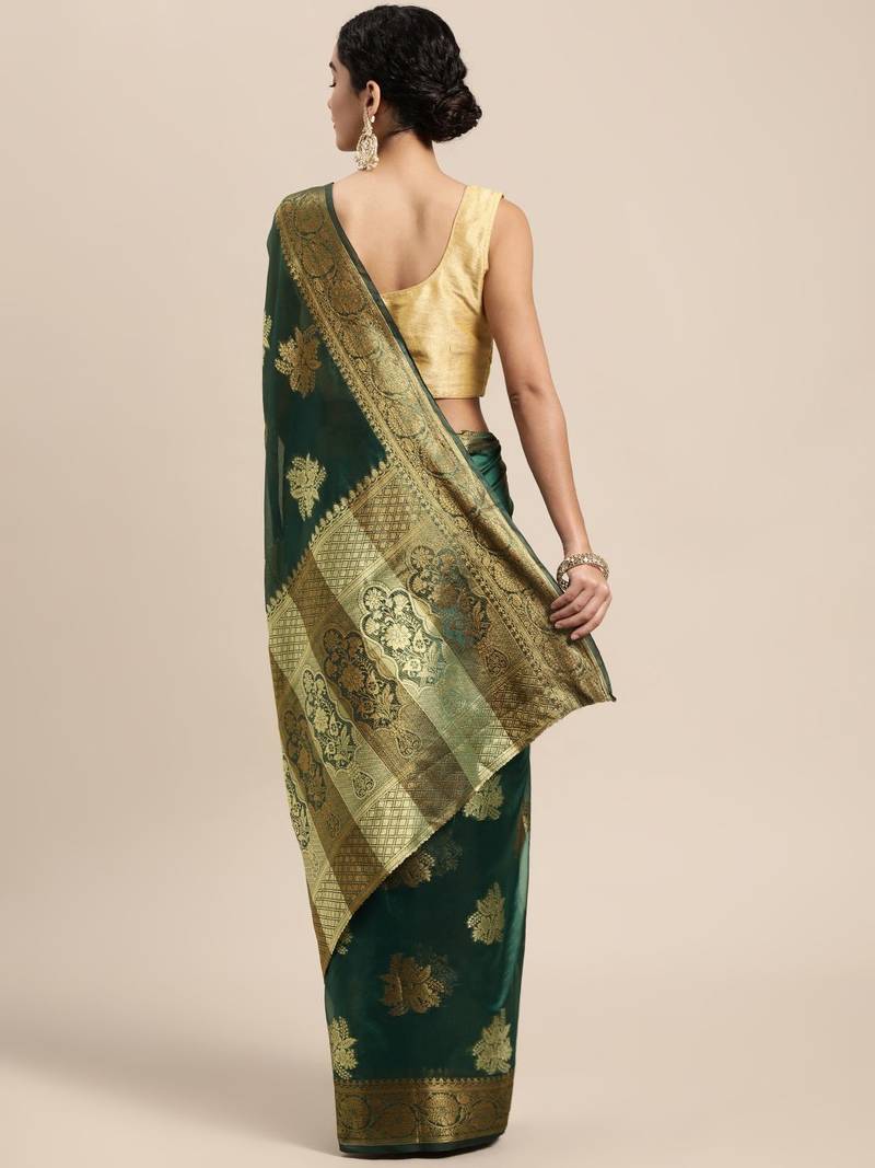 green green & gold-toned ethnic motifs zari organza saree