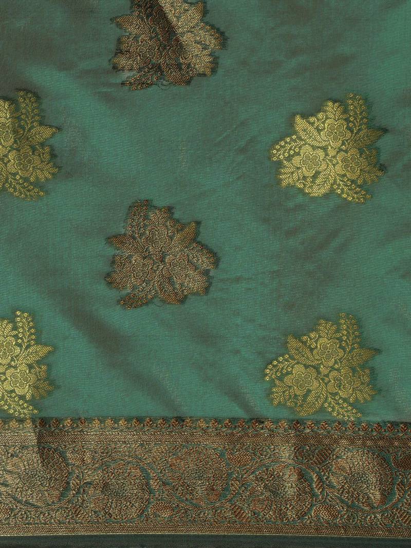 green green & gold-toned ethnic motifs zari organza saree