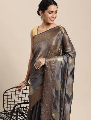 grey grey floral zari organza kanjeevaram saree 1