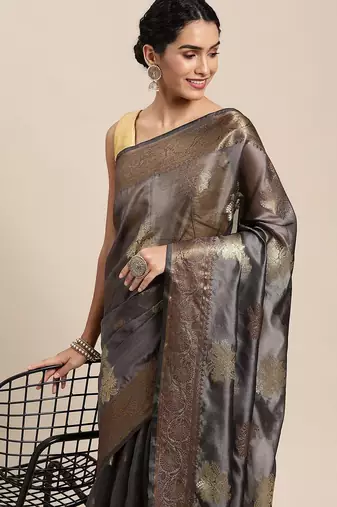 grey grey floral zari organza kanjeevaram saree