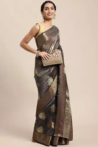 grey grey floral zari organza kanjeevaram saree