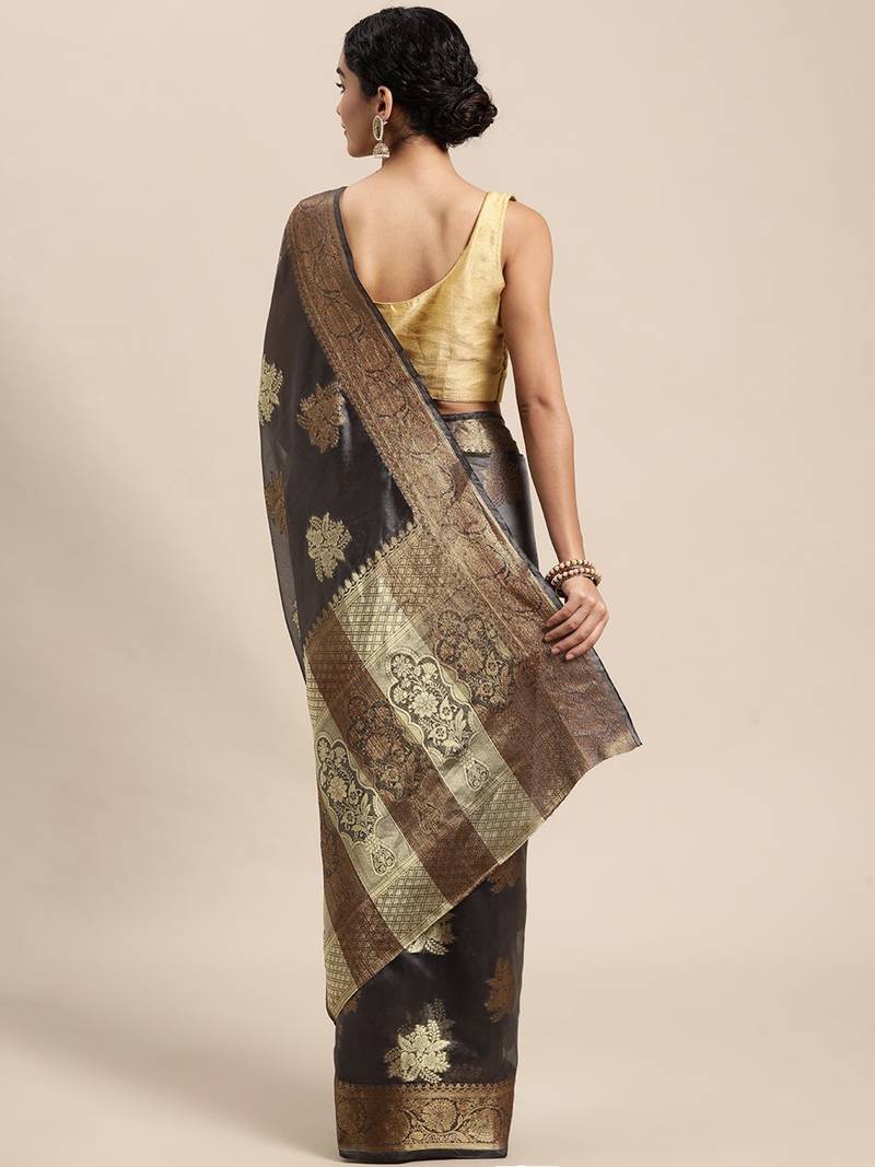 grey grey floral zari organza kanjeevaram saree