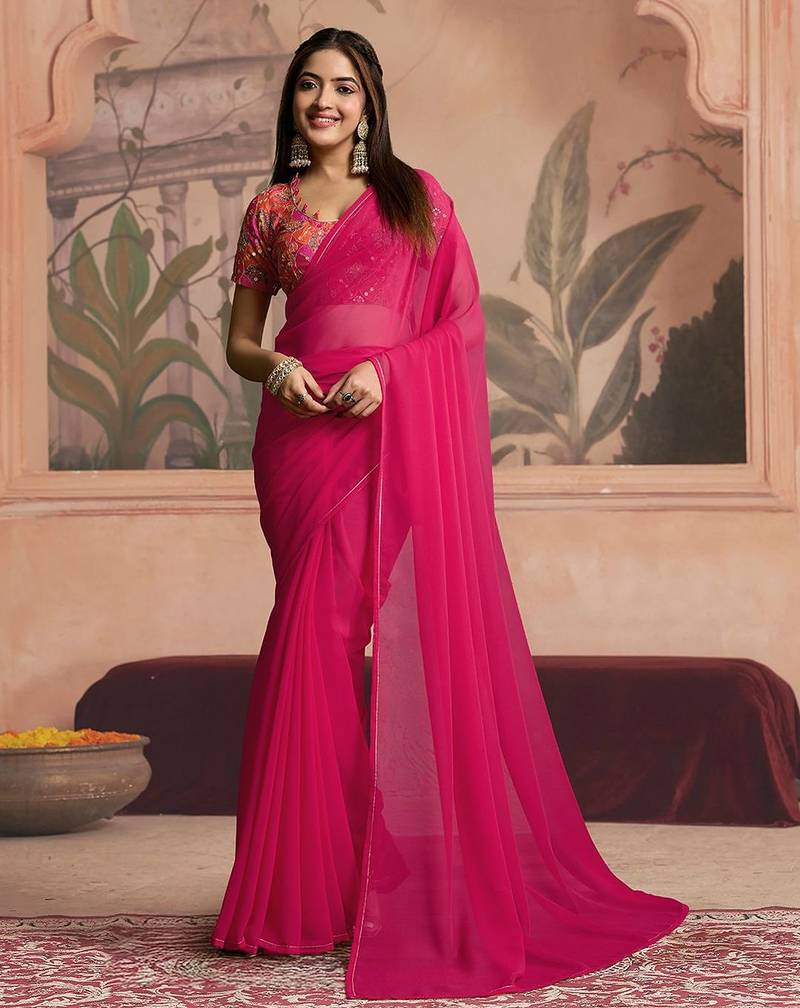 magenta ready to wear poly georgette designer saree