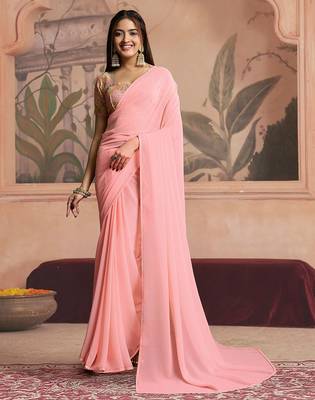 peach ready to wear poly georgette designer saree 1