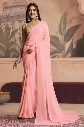 peach ready to wear poly georgette designer saree