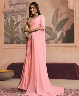 peach ready to wear poly georgette designer saree 2